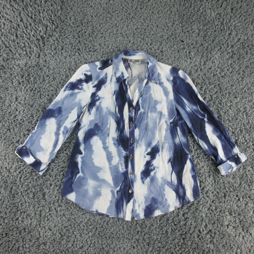 JM Collection Shirt Womens 6 Blue White Linen Blend 3/4 Sleeve Button Up